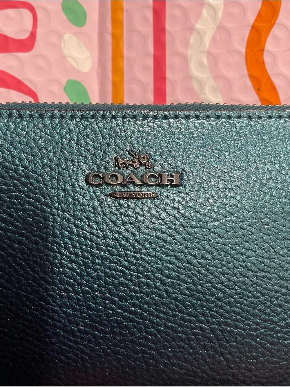 Coach Metallic Teal Pebbled Leather Zip Wallet with Gun Metal Logo & Zipper